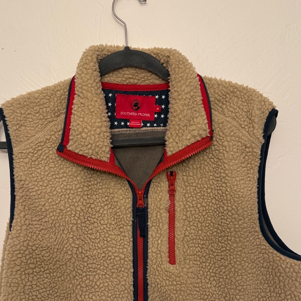 Southern Proper Tan Sherpa Vest with Red Trim